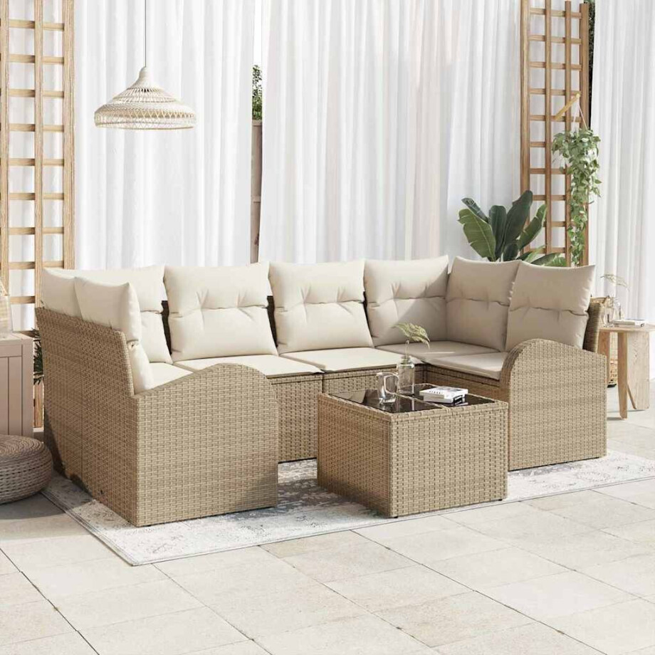vidaXL Tuin Sofa Set met opslag 7 pcs Beige en Crème poly rattan afbeelding 1