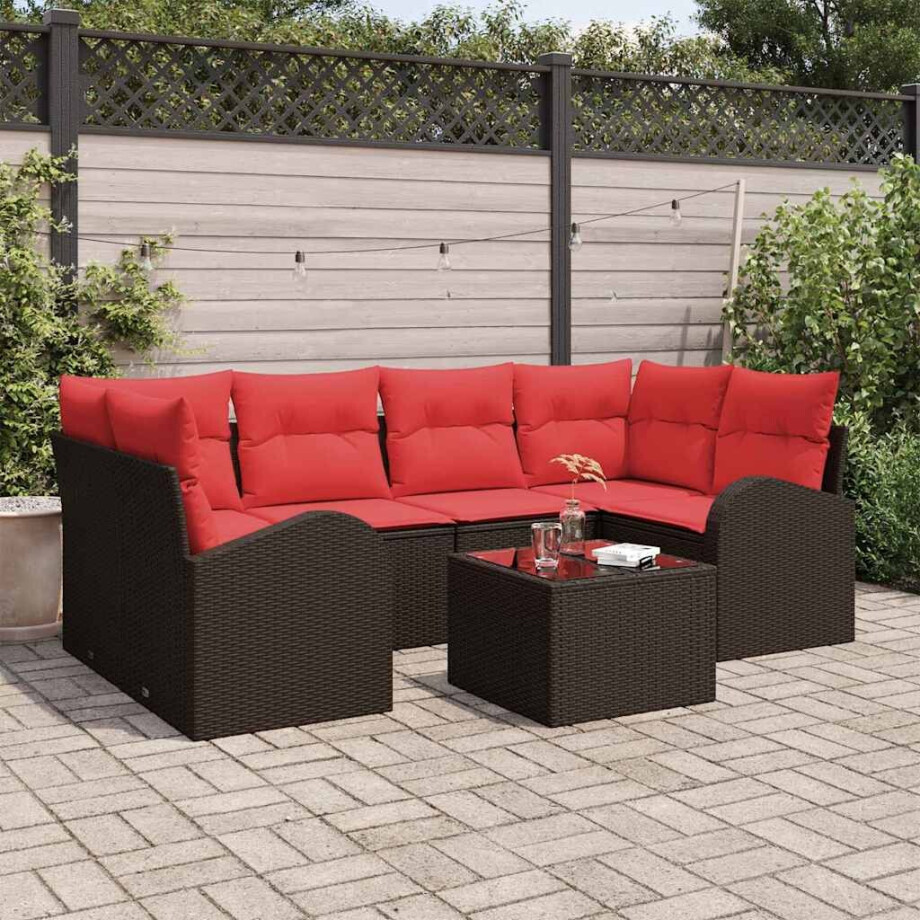 vidaXL Tuin Sofa Set met opslag 7 pcs Beige en Rood poly rattan afbeelding 1