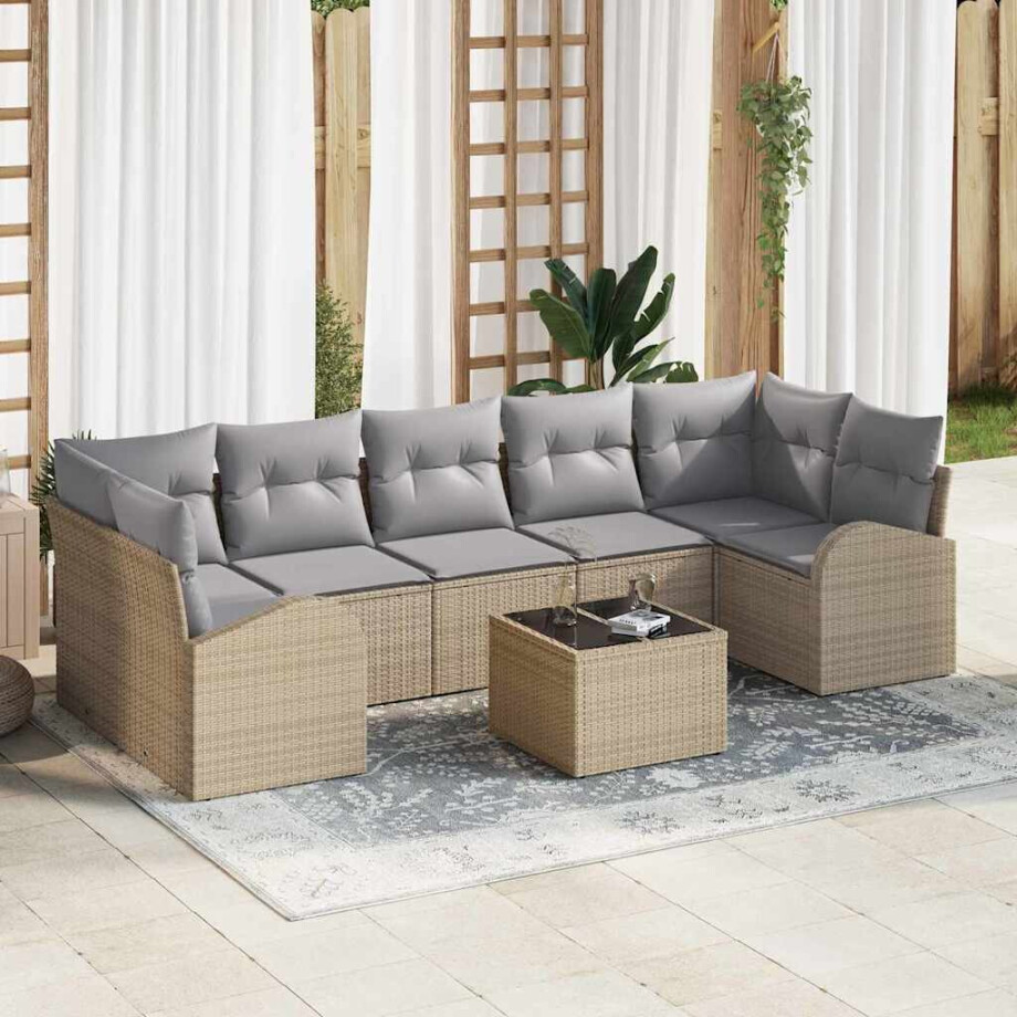 vidaXL Tuin Sofa Set 8 pcs Beige en Grijs Poly rattan, staal en glas afbeelding 1