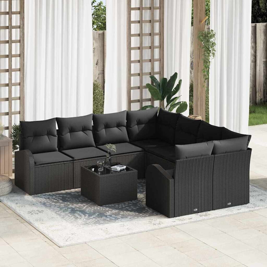 vidaXL Bankstel met kussen met opslag 9 pcs Zwart poly rattan afbeelding 1
