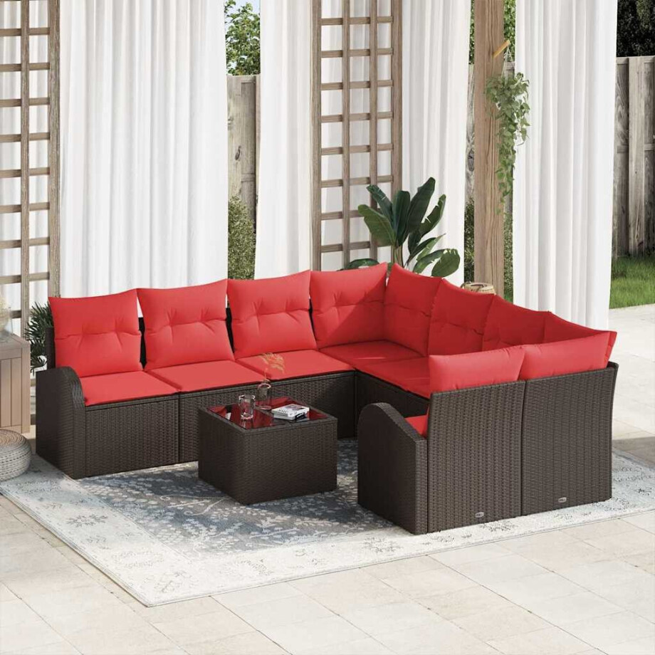 vidaXL Bankstel met kussen met opslag 9 pcs Beige en Rood poly rattan afbeelding 1