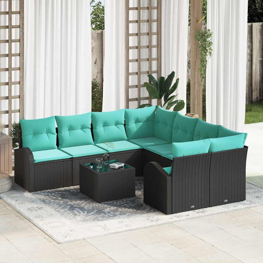 vidaXL Bankstel met kussen 9 pcs Zwart en Turquoise poly rattan afbeelding 1