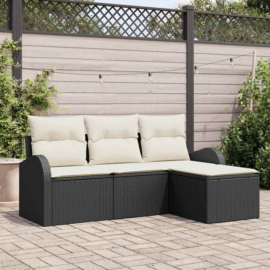 vidaXL Bankstel met kussen met opslag 4 pcs Zwart en Wit poly rattan afbeelding 1