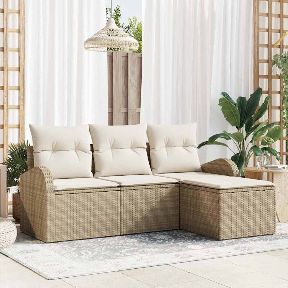 vidaXL Bankstel met kussen met opslag 4 pcs Beige en Wit poly rattan afbeelding 1