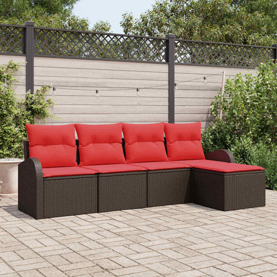 vidaXL Bankstel met kussen met opslag 5 pcs Bruin en Rood poly rattan afbeelding 1