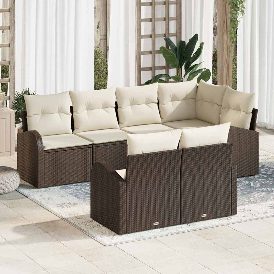 vidaXL Tuin Sofa Set met kussen 7 pcs Bruin en wit Poly riet afbeelding 1