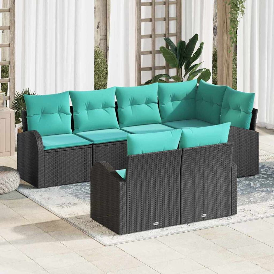 vidaXL Tuin Sofa Set met kussen 7 pcs Zwart en turquoise poly rattan afbeelding 1