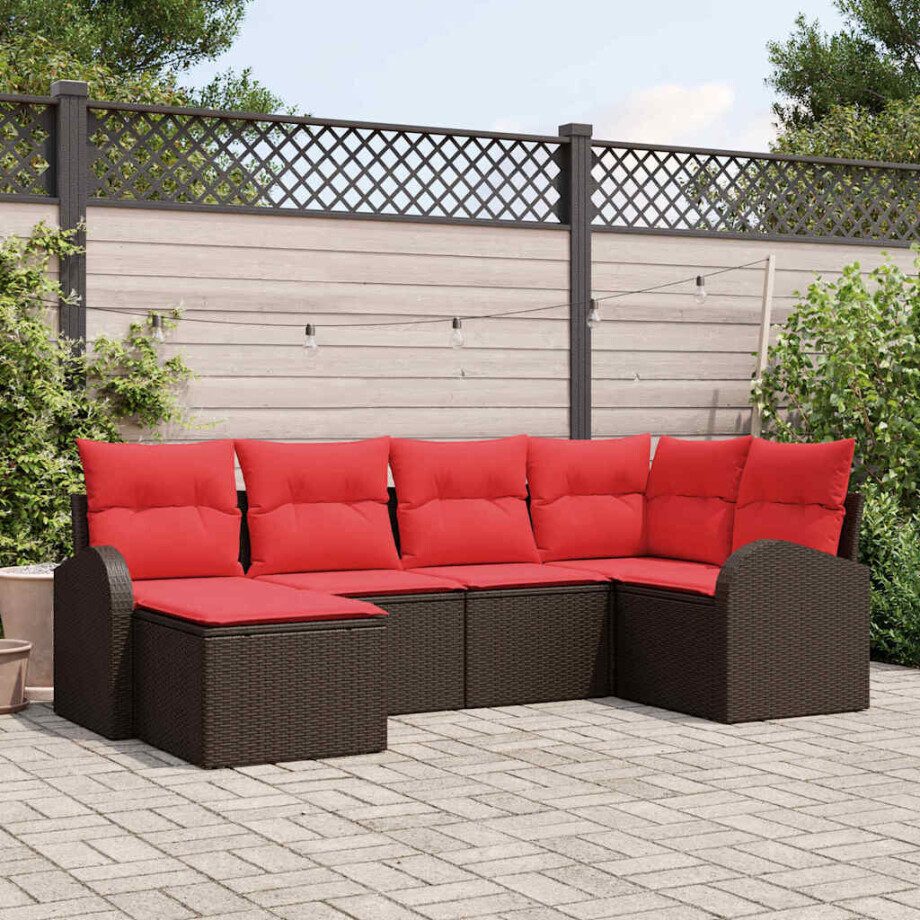 vidaXL Bankstel met kussen met opslag 6 pcs Bruin en Rood poly rattan afbeelding 1