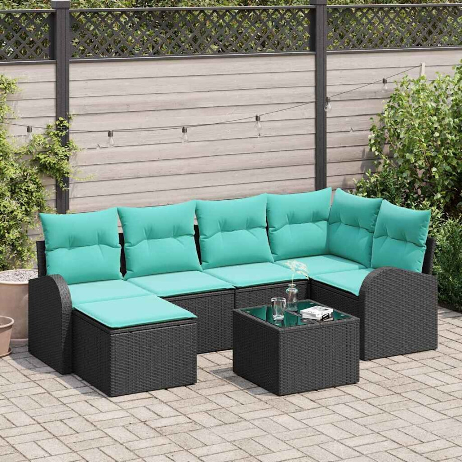 vidaXL Bankstel met kussen 7 pcs Zwart en Turquoise poly rattan afbeelding 1