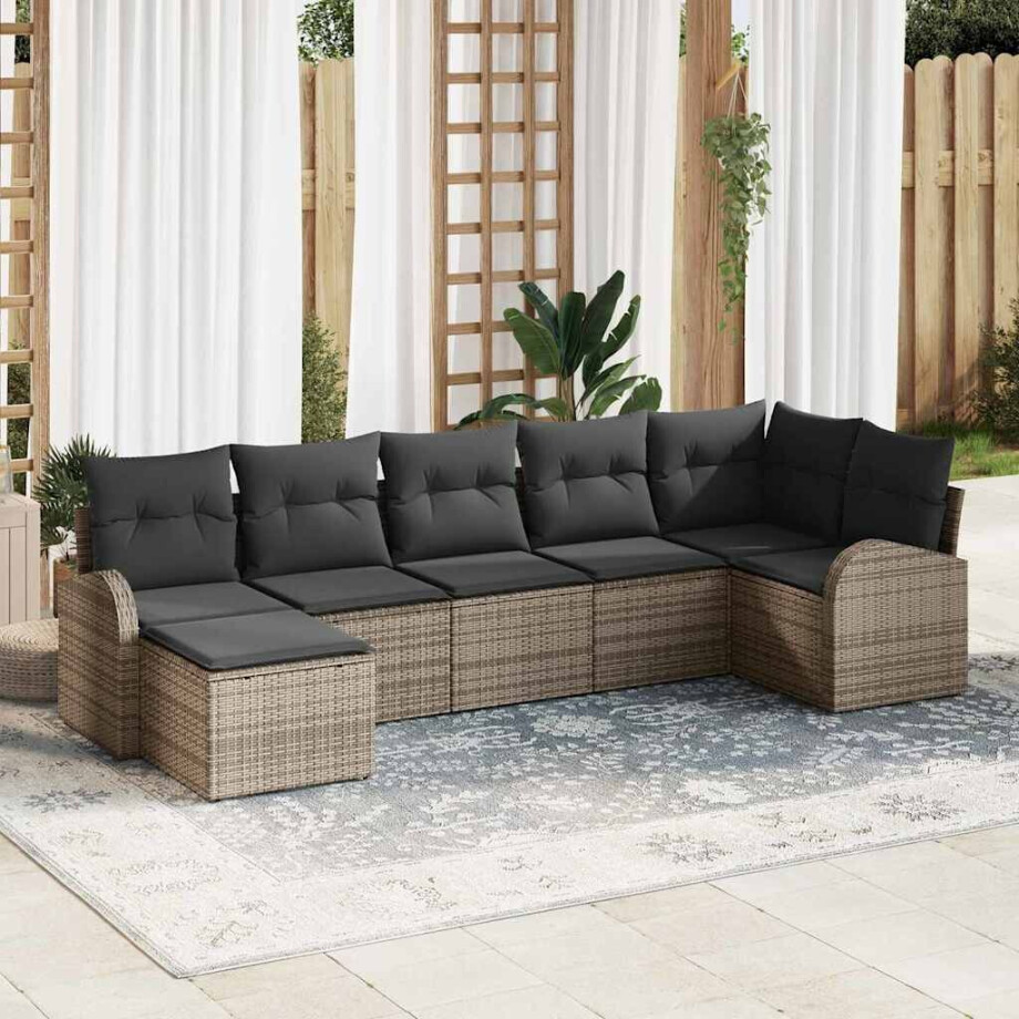 vidaXL Bankstel met kussen met opslag 7 pcs Grijs poly rattan afbeelding 1