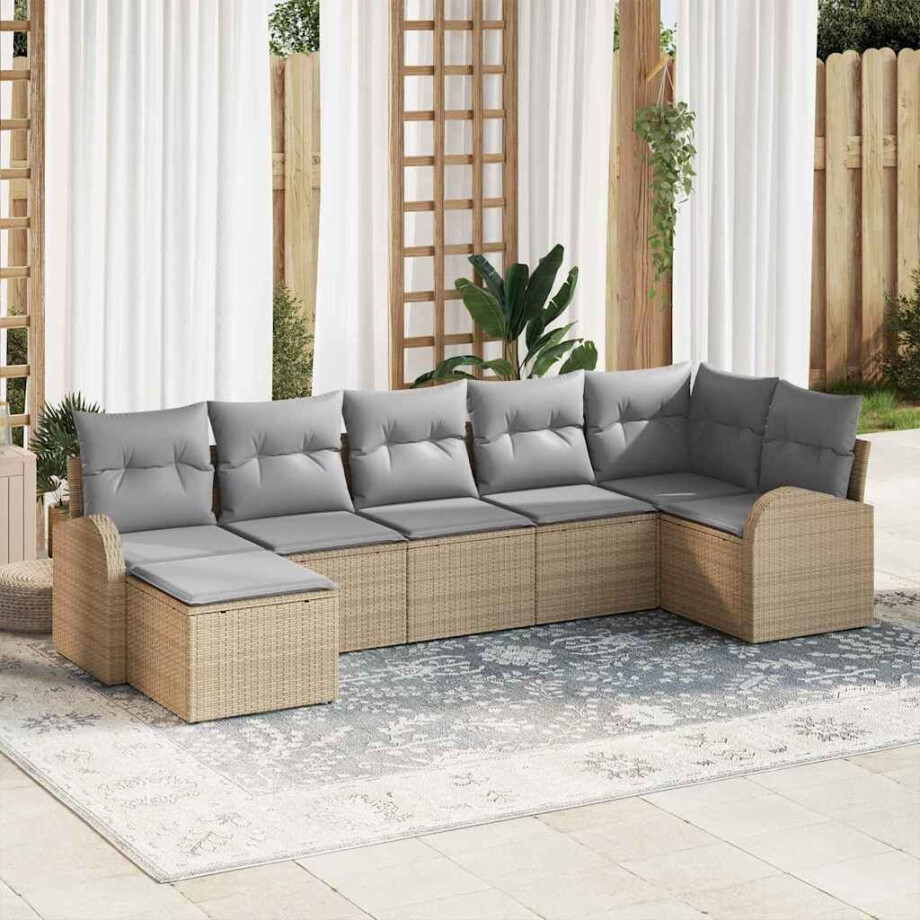 vidaXL Bankstel met kussen met opslag 7 pcs Beige poly rattan afbeelding 1
