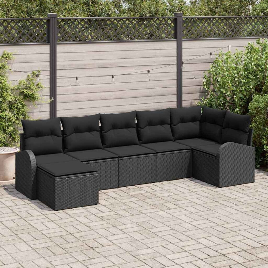 vidaXL Bankstel met kussen met opslag 7 pcs Zwart poly rattan afbeelding 1
