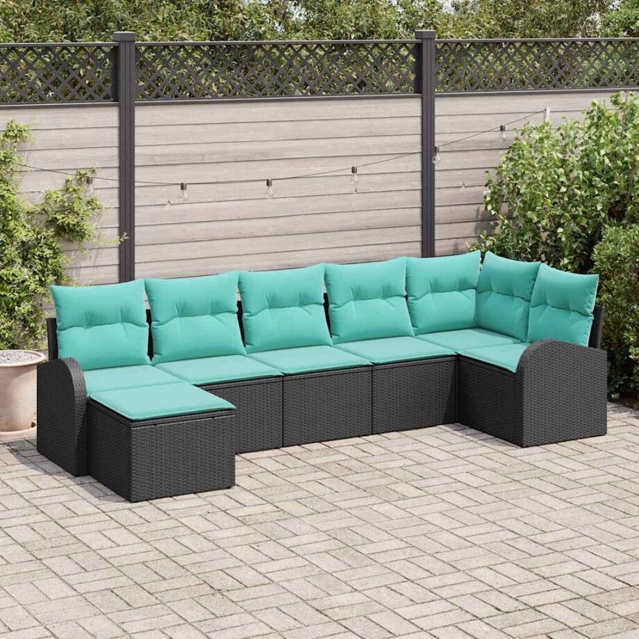 vidaXL Bankstel met kussen 7 pcs Zwart en Turquoise poly rattan afbeelding 1