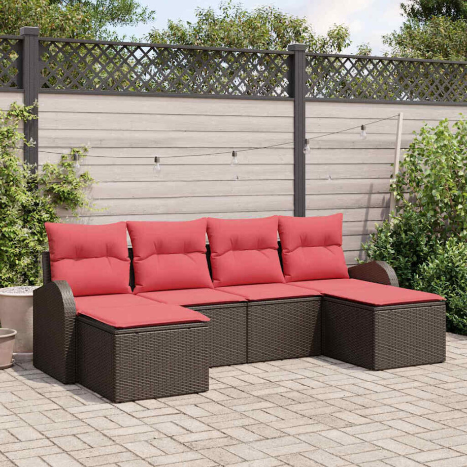 vidaXL Bankstel met kussen met opslag 6 pcs Bruin en Rood poly rattan afbeelding 1