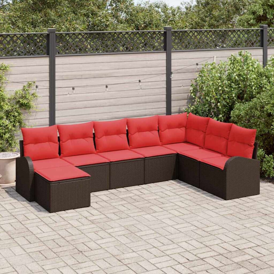 vidaXL Bankstel met kussen met opslag 8 pcs Bruin en Rood poly rattan vidaXL Bankstel met kussen met opslag 8 pcs Bruin en Rood poly rattan afbeelding 1