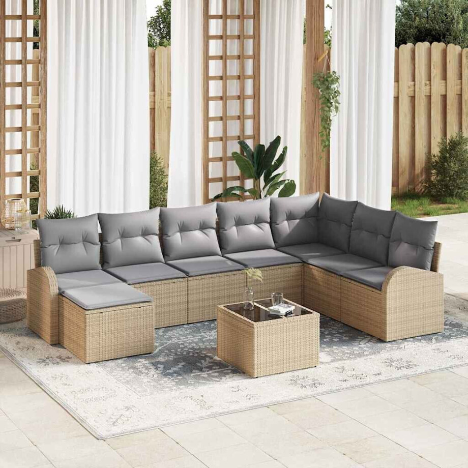 vidaXL Bankstel met kussen 9 pcs Beige en lichtgrijs poly rattan afbeelding 1