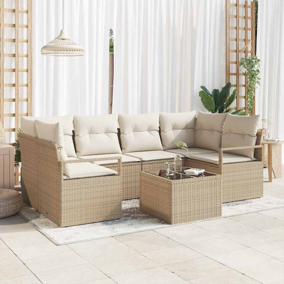 vidaXL Tuin Sofa Set 7 pcs Beige en Crème Poly rattan, staal en glas afbeelding 1