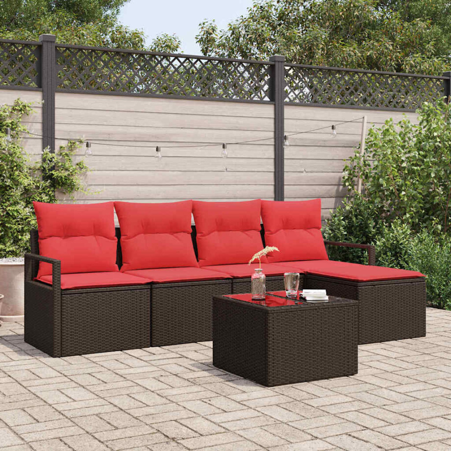 vidaXL Bankstel met kussen met opslag 6 pcs Bruin en Rood poly rattan afbeelding 1