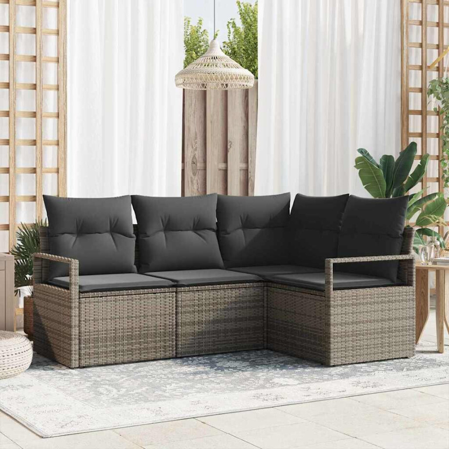 vidaXL Bankstel met kussen met opslag 4 pcs Grijs poly rattan afbeelding 1