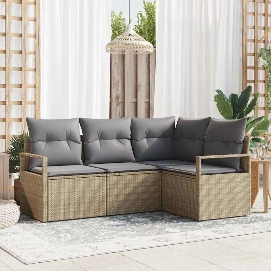 vidaXL Bankstel met kussen 4 pcs Beige en Licht Grijs poly rattan afbeelding 1