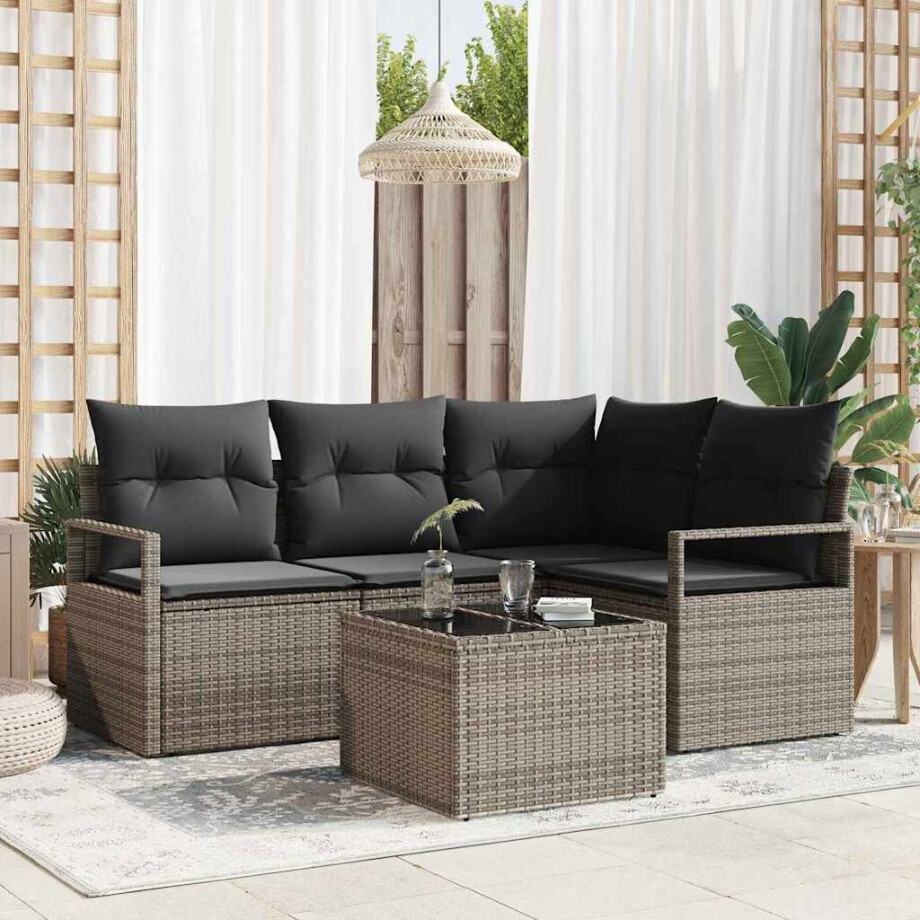 vidaXL Bankstel met kussen met opslag 5 pcs Lichtgrijs poly rattan afbeelding 1