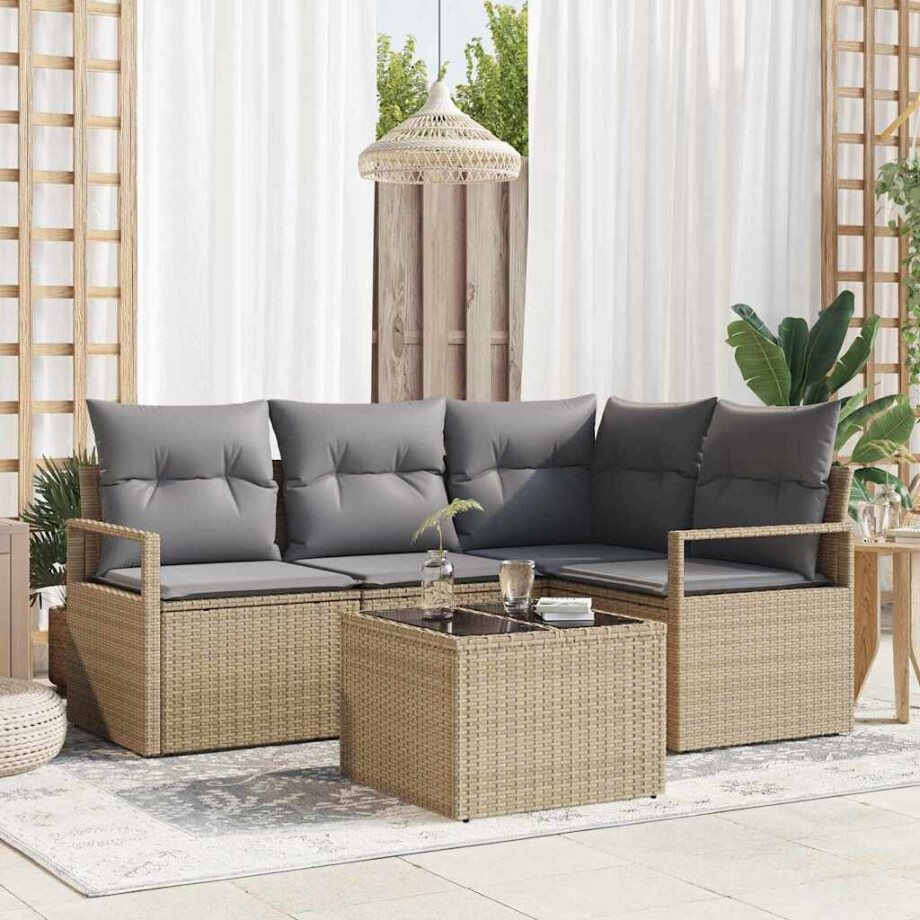 vidaXL Bankstel met kussen 5 pcs Beige en Licht Grijs poly rattan afbeelding 1