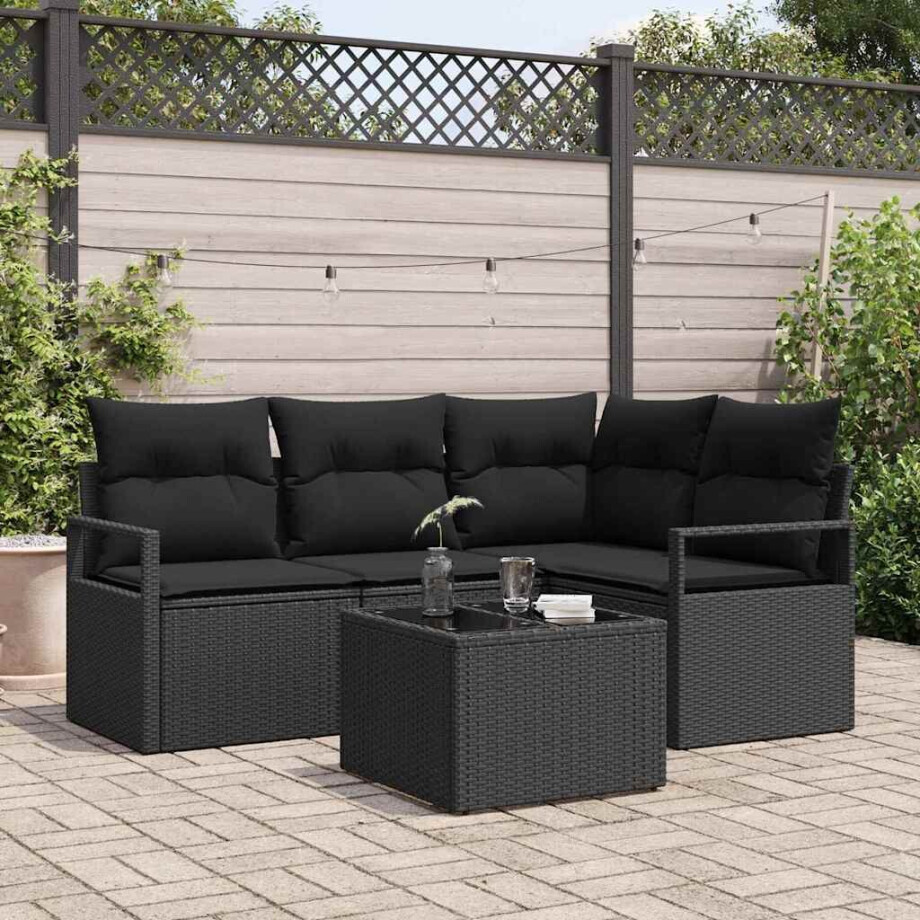 vidaXL Bankstel met kussen met opslag 5 pcs Zwart poly rattan afbeelding 1