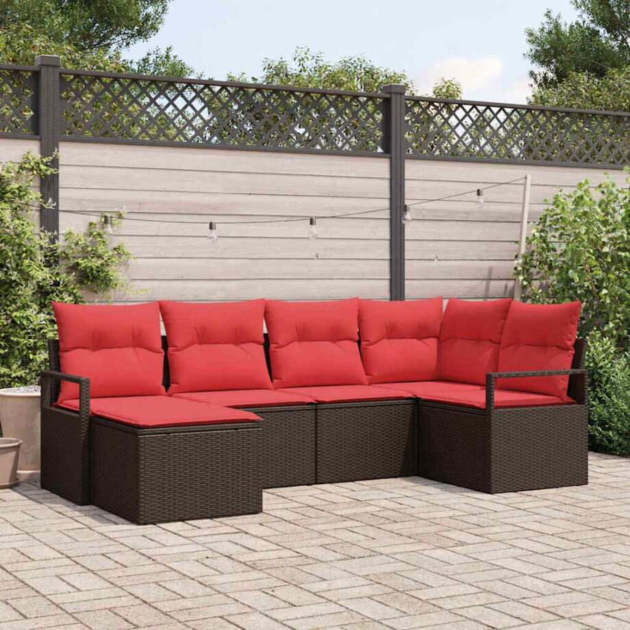 vidaXL Bankstel met kussen met opslag 6 pcs Bruin en Rood poly rattan afbeelding 1