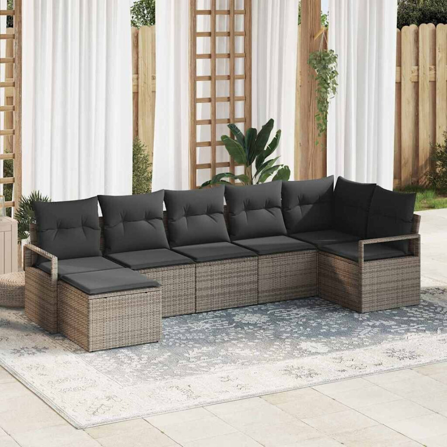 vidaXL Bankstel met kussen met opslag 7 pcs Grijs poly rattan afbeelding 1