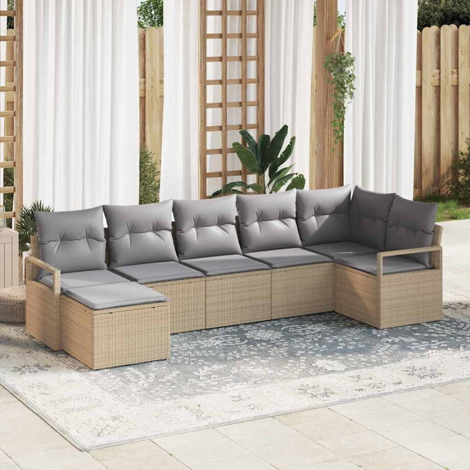 vidaXL Bankstel met kussen 7 pcs Beige en Licht Grijs poly rattan afbeelding 1
