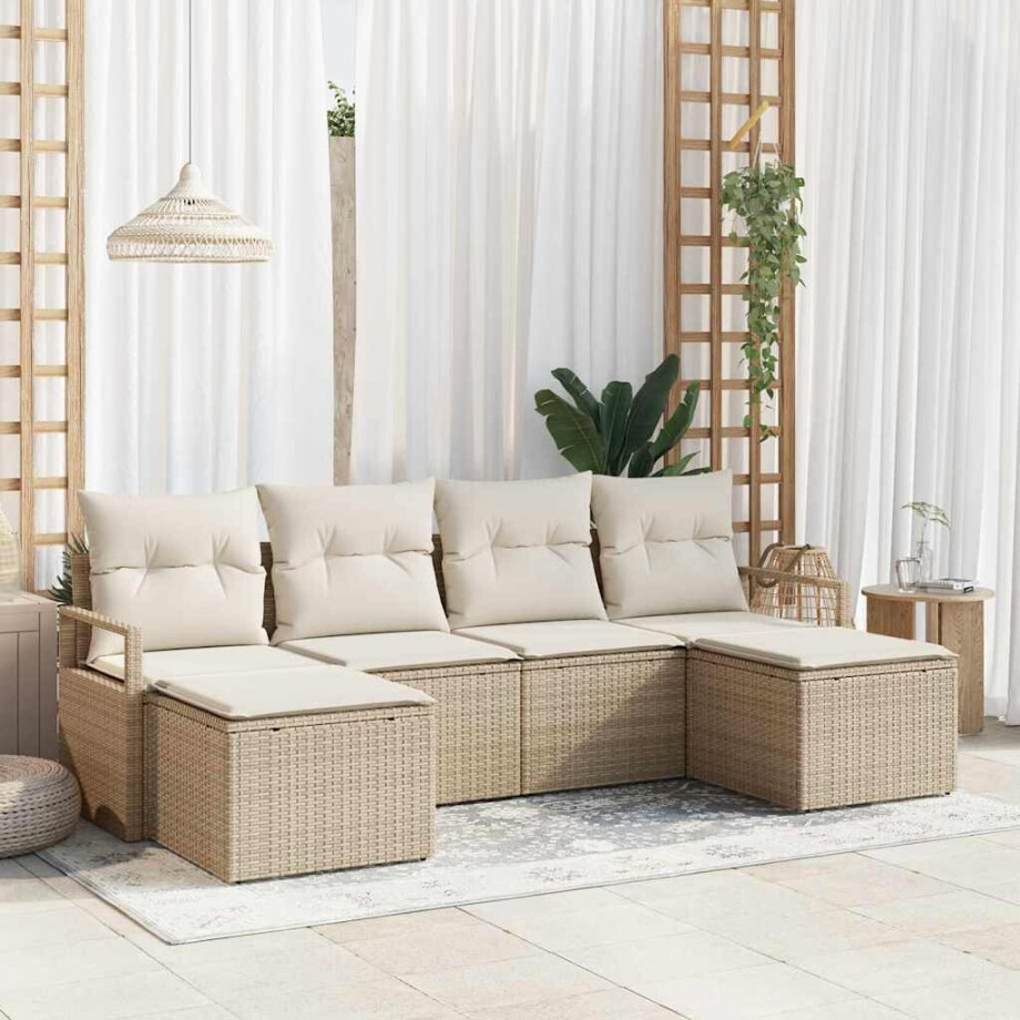 vidaXL Tuin Sofa Set met kussen met opslag 6 pcs Beige en Crème afbeelding 1