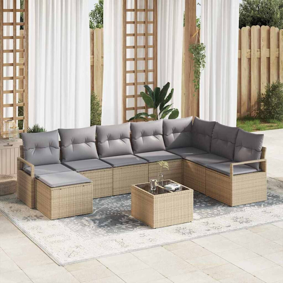 vidaXL Bankstel met kussen 9 pcs Beige en Licht Grijs poly rattan afbeelding 1