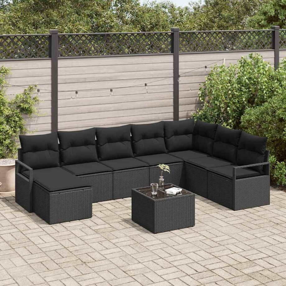 vidaXL Bankstel met kussen met opslag 9 pcs Zwart poly rattan afbeelding 1