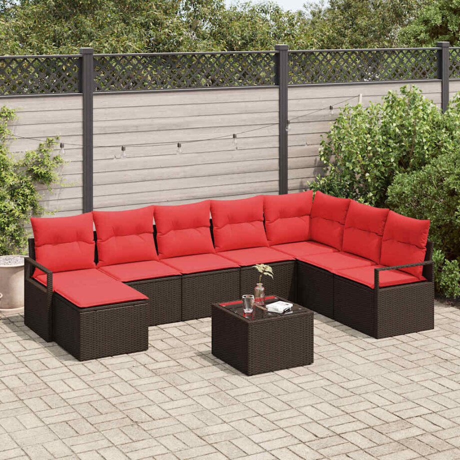 vidaXL Bankstel met kussen met opslag 9 pcs Bruin en Rood poly rattan afbeelding 1