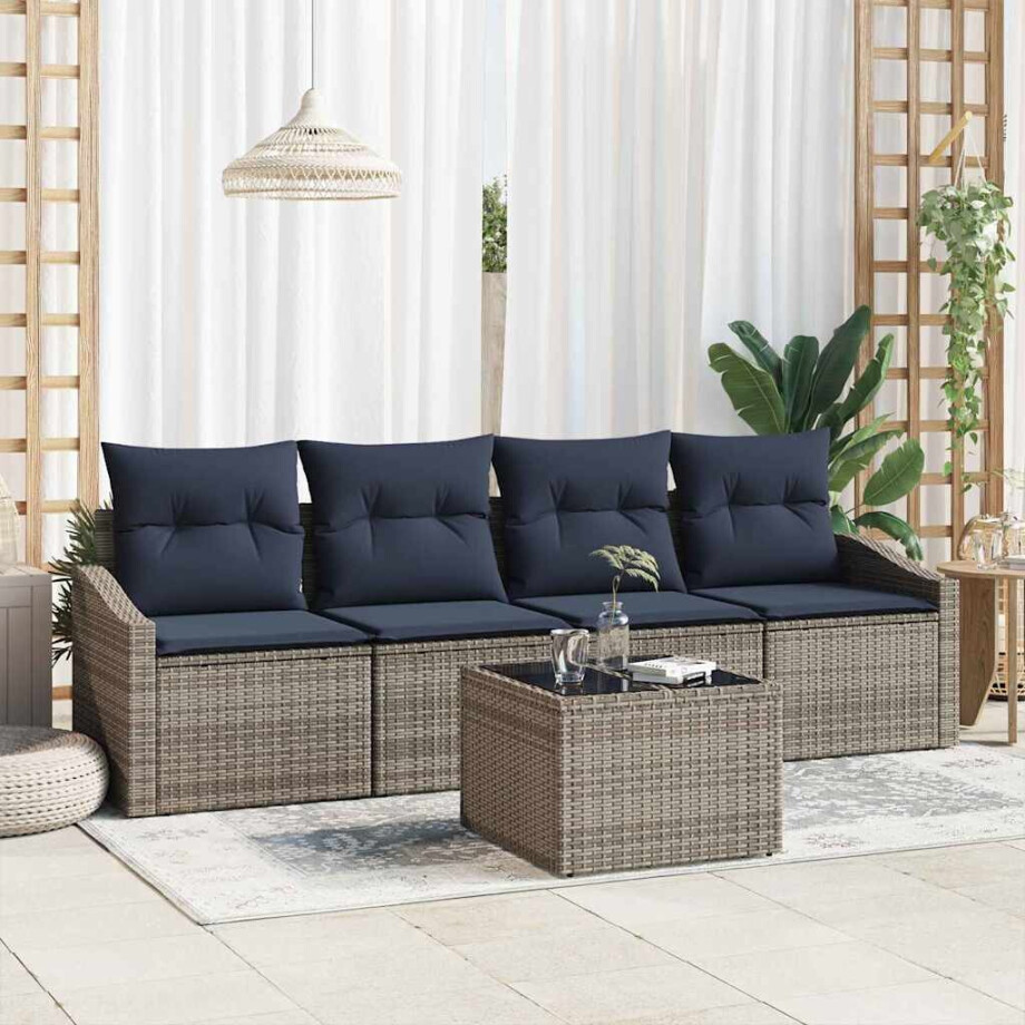 vidaXL Bankstel met kussen 5 pcs Grijs en Marineblauw poly rattan vidaXL Bankstel met kussen 5 pcs Grijs en Marineblauw poly rattan afbeelding 1