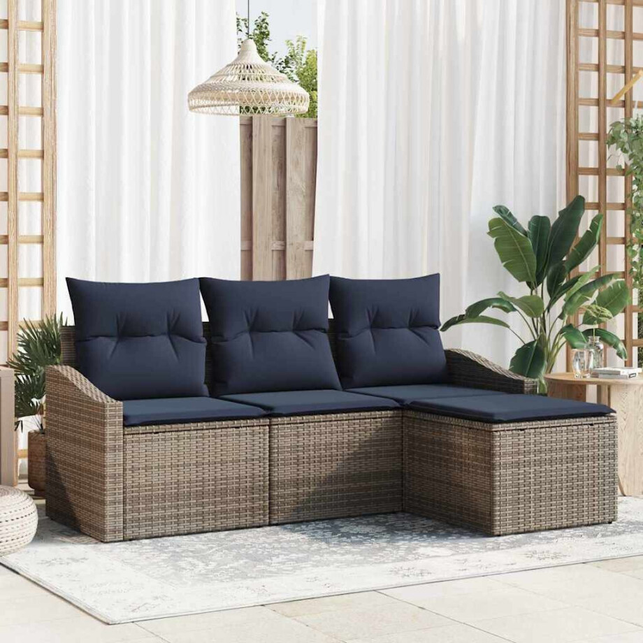 vidaXL Bankstel met kussen 4 pcs Grijs en Marineblauw poly rattan afbeelding 1