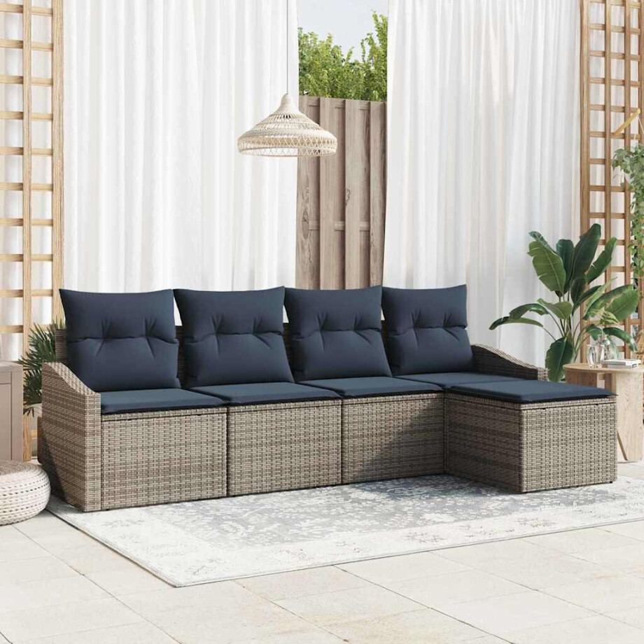 vidaXL Bankstel met kussen 5 pcs Grijs en Marineblauw poly rattan vidaXL Bankstel met kussen 5 pcs Grijs en Marineblauw poly rattan afbeelding 1