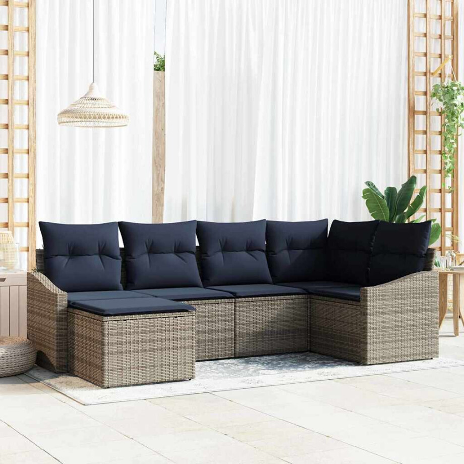 vidaXL Bankstel met kussen 6 pcs Grijs en Marineblauw poly rattan afbeelding 1