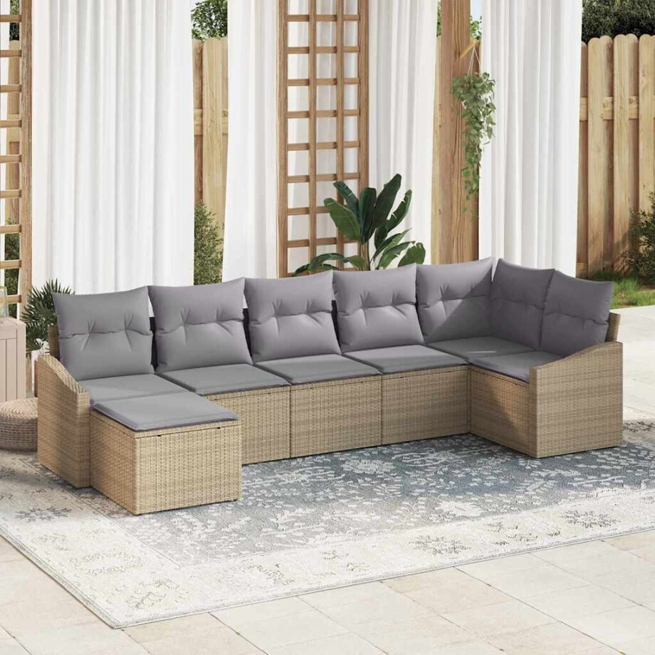 vidaXL Tuin Sofa Set met kussen 7 pcs Beige en Licht Grijs poly rattan afbeelding 1