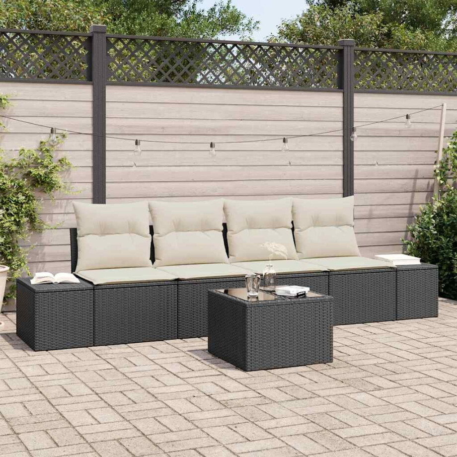 vidaXL Tuin Sofa Set met kussen 5 pcs Zwart en Crème poly rattan afbeelding 1
