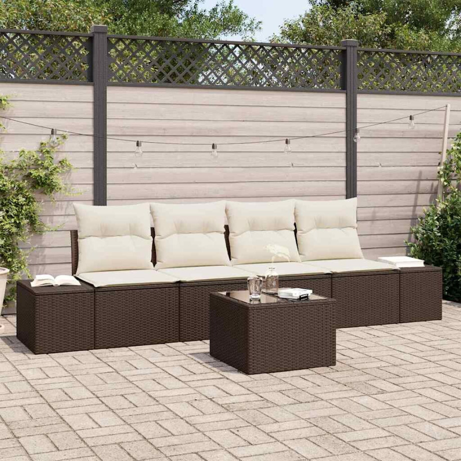 vidaXL Tuin Sofa Set met kussen 5 pcs Bruin en Crème poly rattan afbeelding 1