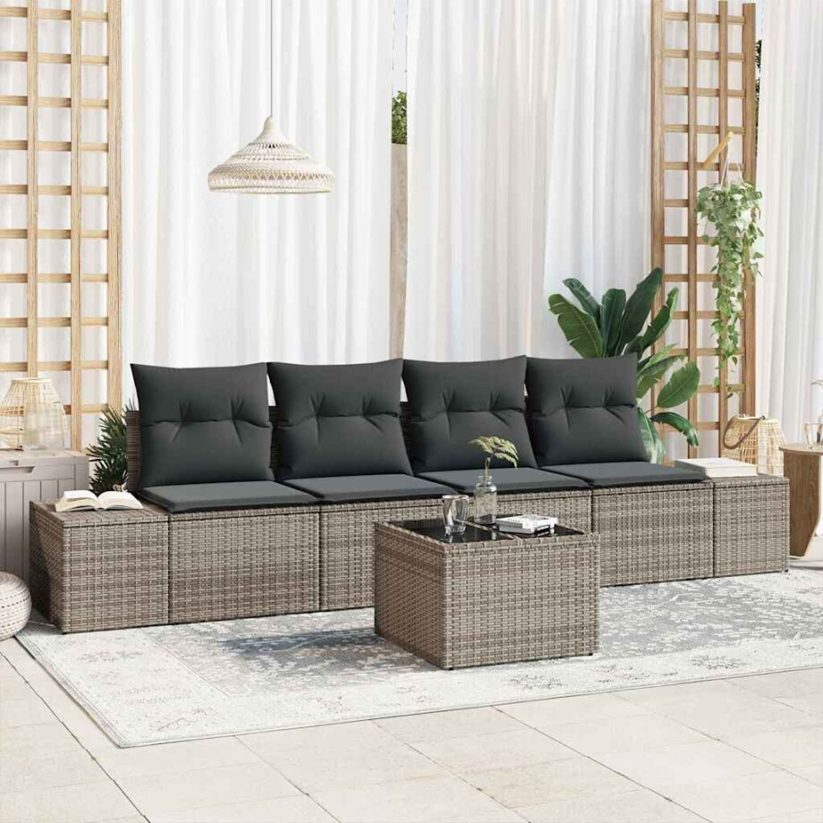 vidaXL Tuin Sofa Set met kussen met opslag 5 pcs Grijs poly rattan afbeelding 1