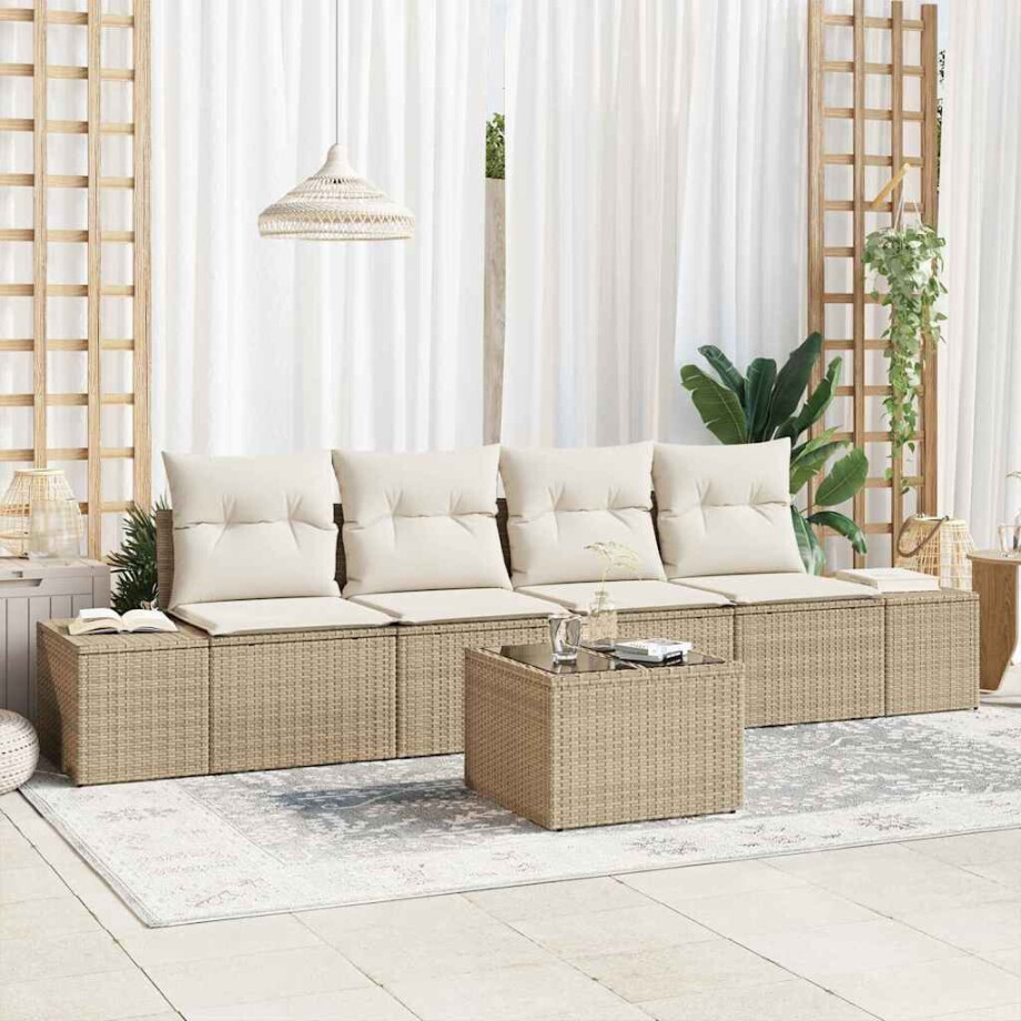 vidaXL Tuin Sofa Set met kussen 5 pcs Beige en Crème poly rattan afbeelding 1
