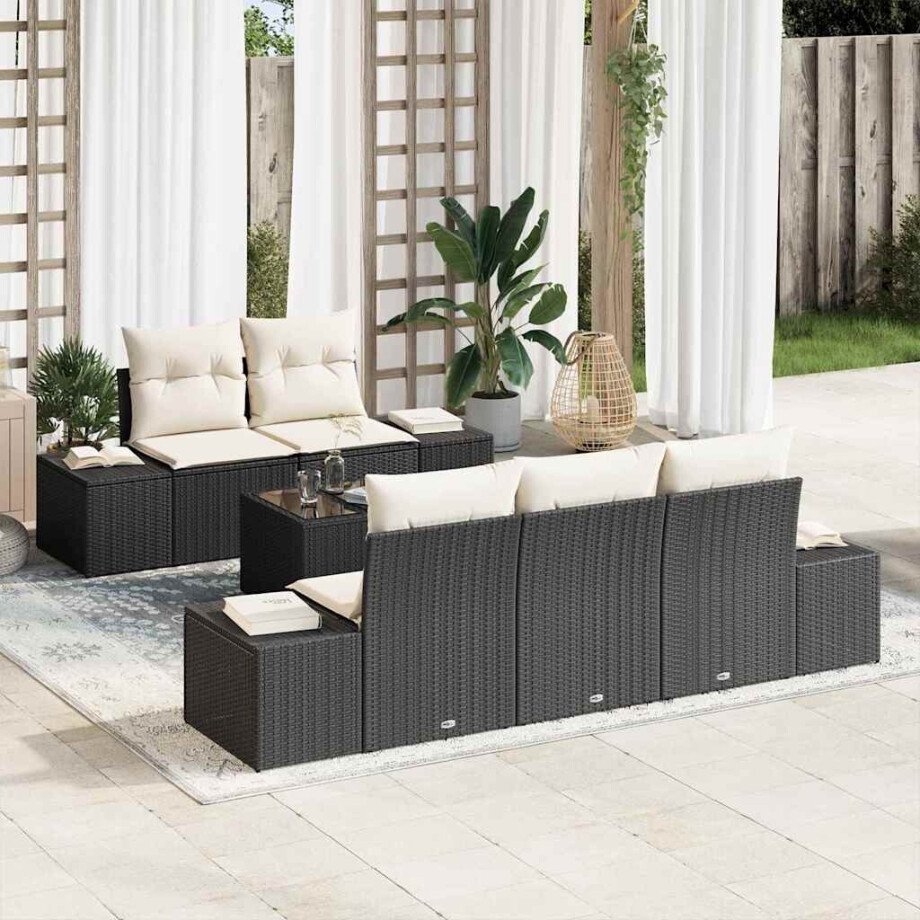 vidaXL Tuin Sofa Set met kussen 6 pcs Zwart en Crème poly rattan afbeelding 1