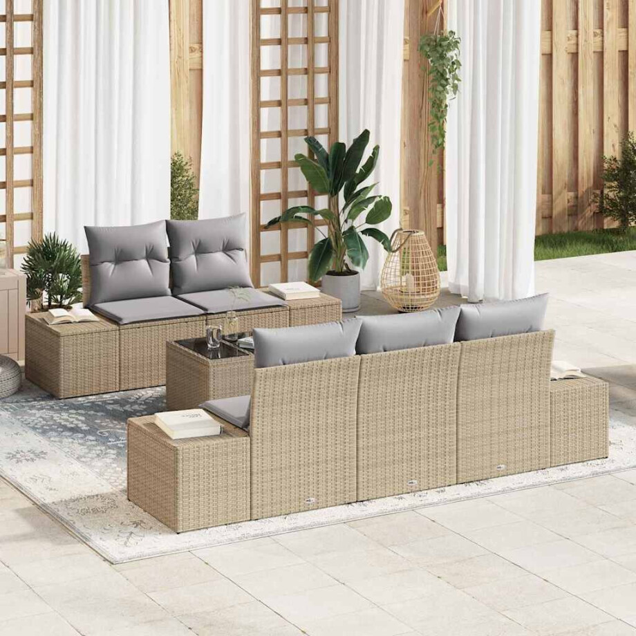 vidaXL Tuin Sofa Set met kussen 6 pcs Beige en Grijs poly rattan afbeelding 1