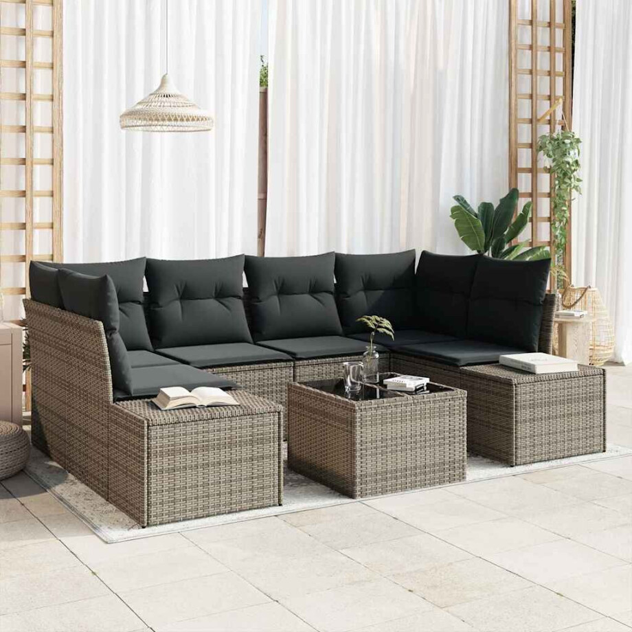 vidaXL Tuin Sofa Set met kussen met opslag 8 pcs Grijs poly rattan afbeelding 1