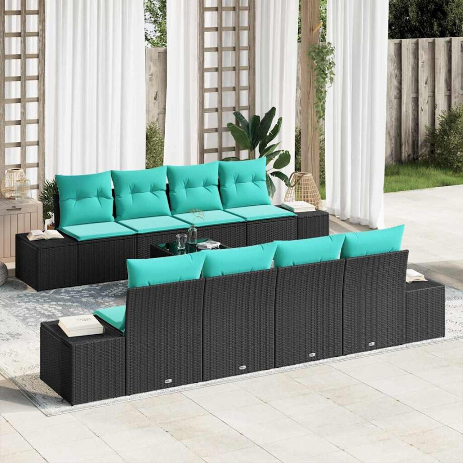 vidaXL Tuin Sofa Set 9 st Zwart en Turquoise poly rattan afbeelding 1
