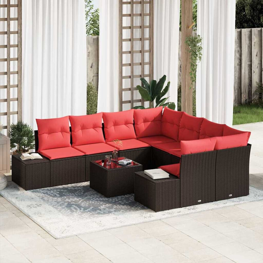 vidaXL Tuin Sofa Set 9 st Beige en Rood poly rattan afbeelding 1