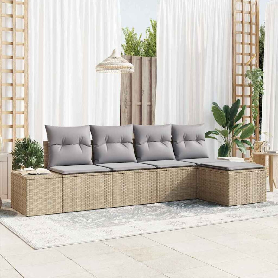 vidaXL Tuin Sofa Set met kussen 5 pcs Beige en Licht Grijs poly rattan afbeelding 1