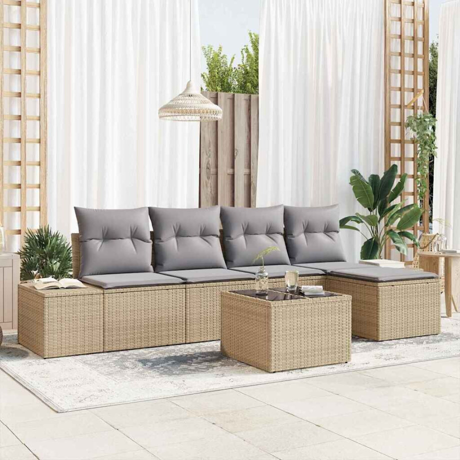 vidaXL Tuin Sofa Set met kussen 5 pcs Beige en Licht Grijs poly rattan afbeelding 1